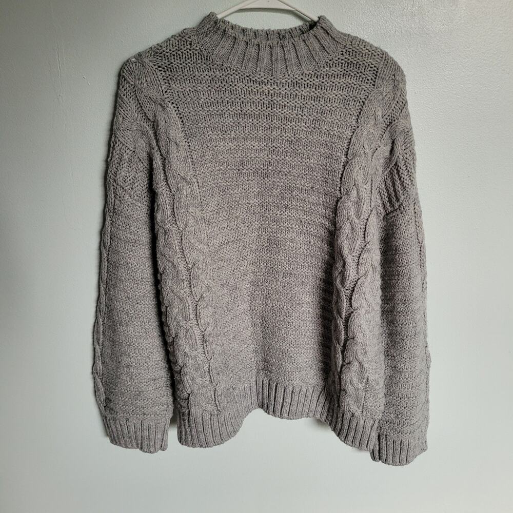 LOFT Women's Gray Cable Knit Sweater Large Mock Neck Relaxed Fit Cozy Winter